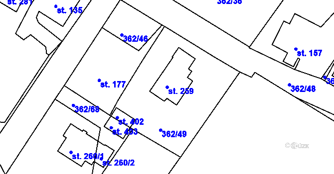 Parcela st. 259 v KÚ Halže, Katastrální mapa