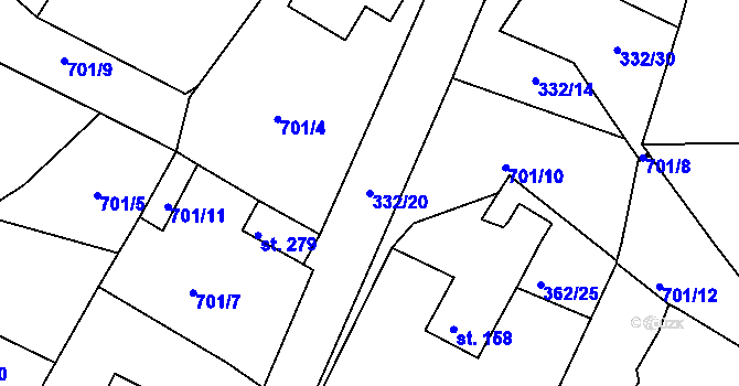 Parcela st. 332/20 v KÚ Halže, Katastrální mapa