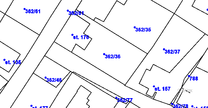 Parcela st. 362/36 v KÚ Halže, Katastrální mapa