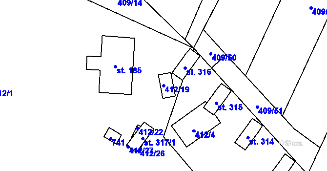 Parcela st. 412/19 v KÚ Hamr na Jezeře, Katastrální mapa