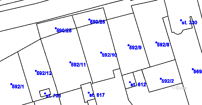 Parcela st. 592/10 v KÚ Hamr u Litvínova, Katastrální mapa