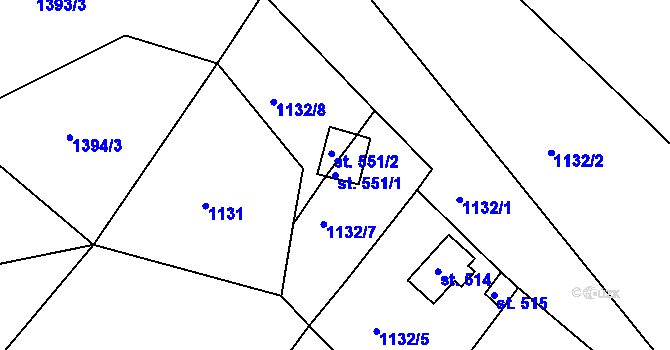 Parcela st. 551/1 v KÚ Hamry nad Křetínkou, Katastrální mapa
