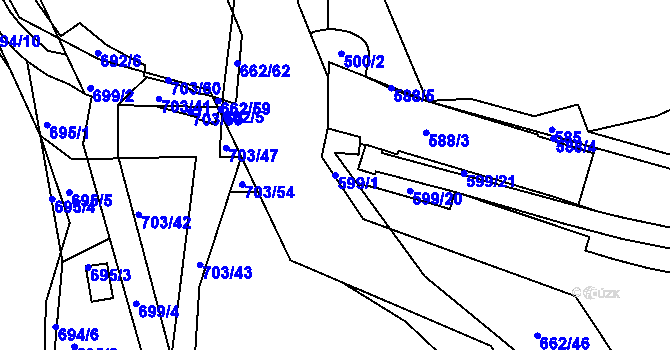 Parcela st. 599/1 v KÚ Hamry nad Sázavou, Katastrální mapa