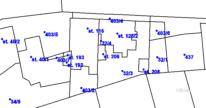 Parcela st. 206 v KÚ Myslechovice, Katastrální mapa