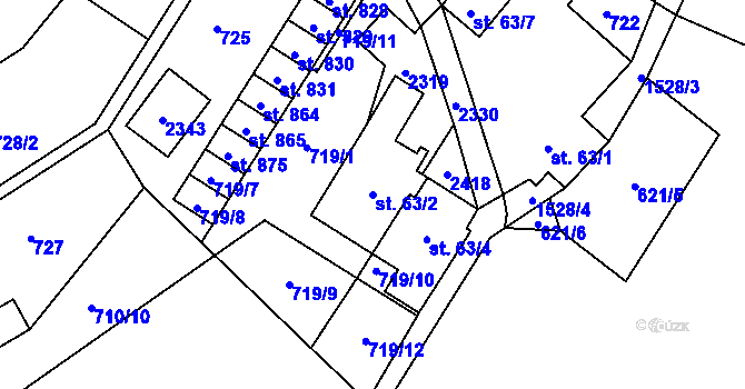 Parcela st. 63/2 v KÚ Hanušovice, Katastrální mapa