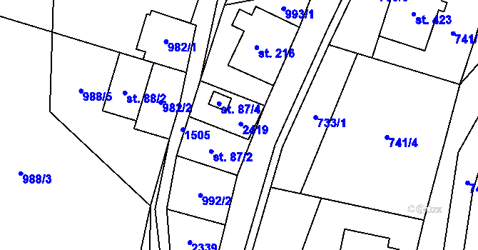 Parcela st. 87/3 v KÚ Hanušovice, Katastrální mapa