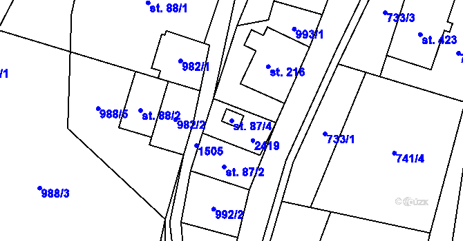 Parcela st. 87/4 v KÚ Hanušovice, Katastrální mapa