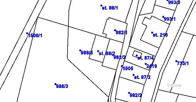 Parcela st. 88/2 v KÚ Hanušovice, Katastrální mapa