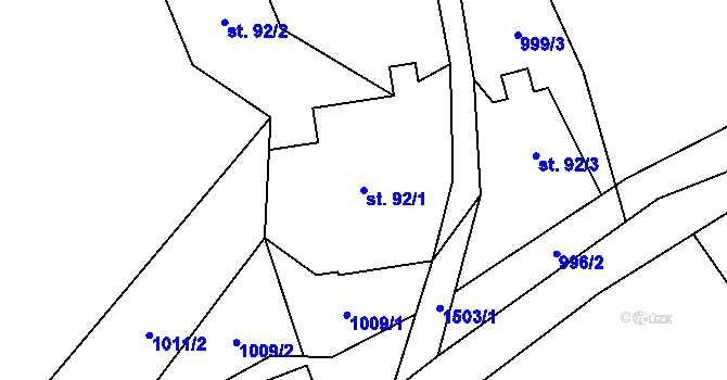 Parcela st. 92/1 v KÚ Hanušovice, Katastrální mapa