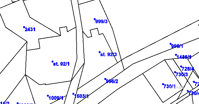 Parcela st. 92/3 v KÚ Hanušovice, Katastrální mapa