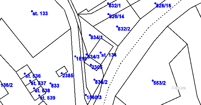 Parcela st. 134 v KÚ Hanušovice, Katastrální mapa