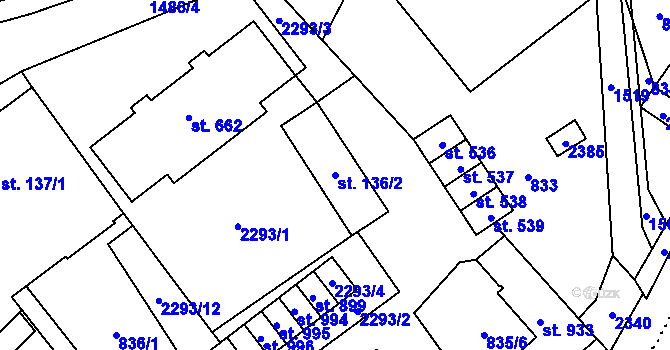 Parcela st. 136/2 v KÚ Hanušovice, Katastrální mapa