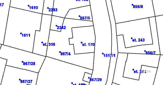 Parcela st. 170 v KÚ Hanušovice, Katastrální mapa