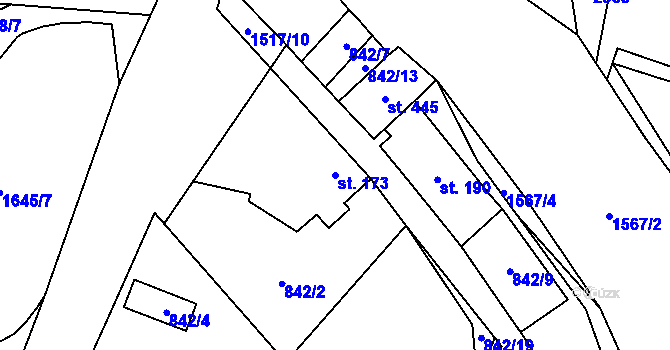 Parcela st. 173 v KÚ Hanušovice, Katastrální mapa