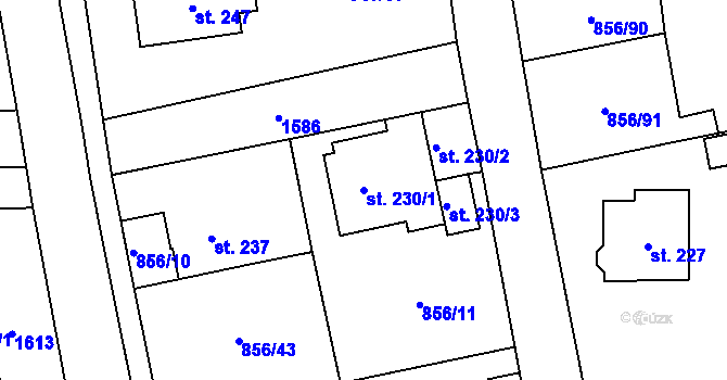 Parcela st. 230/1 v KÚ Hanušovice, Katastrální mapa