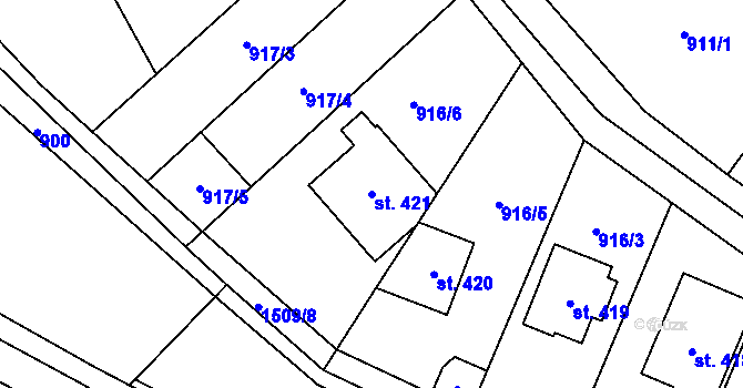 Parcela st. 421 v KÚ Hanušovice, Katastrální mapa