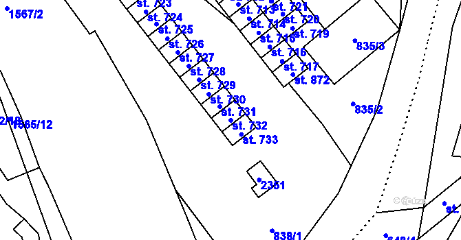 Parcela st. 732 v KÚ Hanušovice, Katastrální mapa