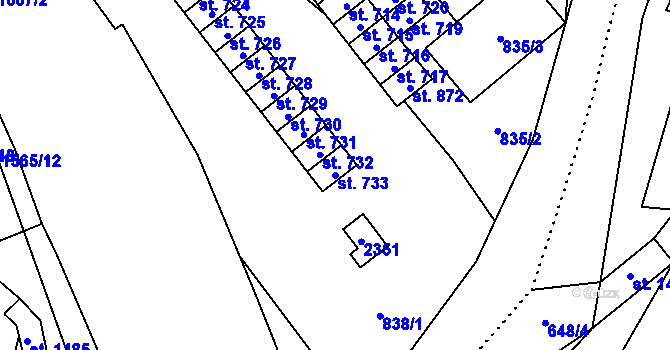 Parcela st. 733 v KÚ Hanušovice, Katastrální mapa