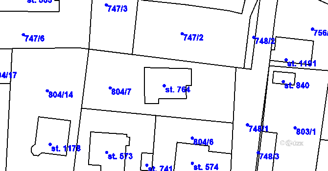 Parcela st. 764 v KÚ Hanušovice, Katastrální mapa