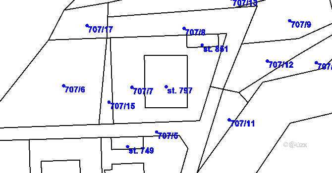 Parcela st. 797 v KÚ Hanušovice, Katastrální mapa