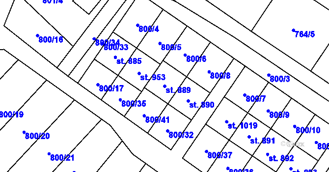 Parcela st. 889 v KÚ Hanušovice, Katastrální mapa