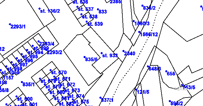 Parcela st. 933 v KÚ Hanušovice, Katastrální mapa