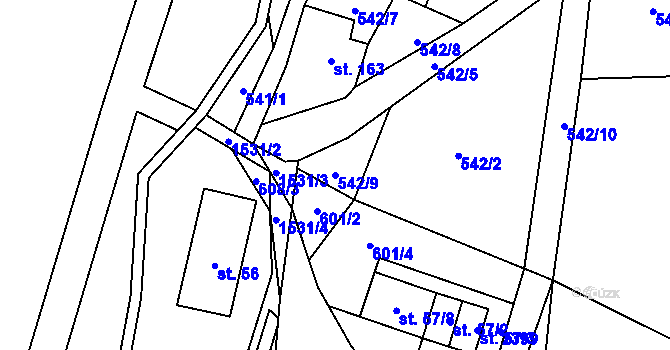 Parcela st. 542/9 v KÚ Hanušovice, Katastrální mapa