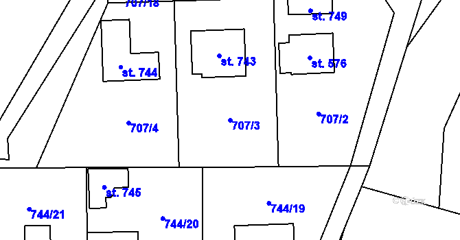 Parcela st. 707/3 v KÚ Hanušovice, Katastrální mapa