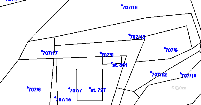 Parcela st. 707/8 v KÚ Hanušovice, Katastrální mapa
