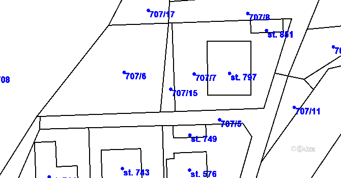 Parcela st. 707/15 v KÚ Hanušovice, Katastrální mapa