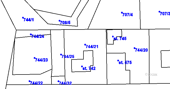 Parcela st. 744/21 v KÚ Hanušovice, Katastrální mapa