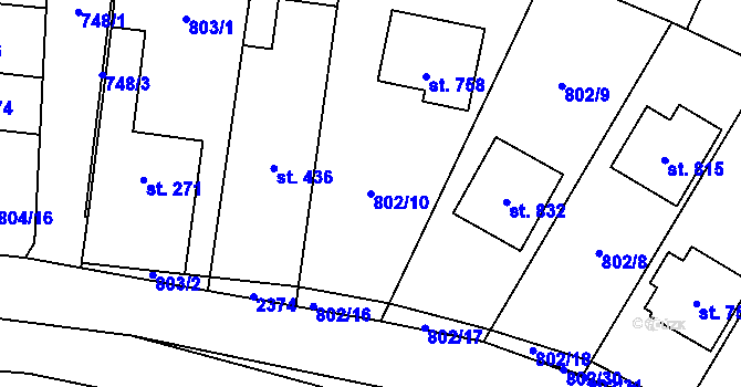 Parcela st. 802/10 v KÚ Hanušovice, Katastrální mapa