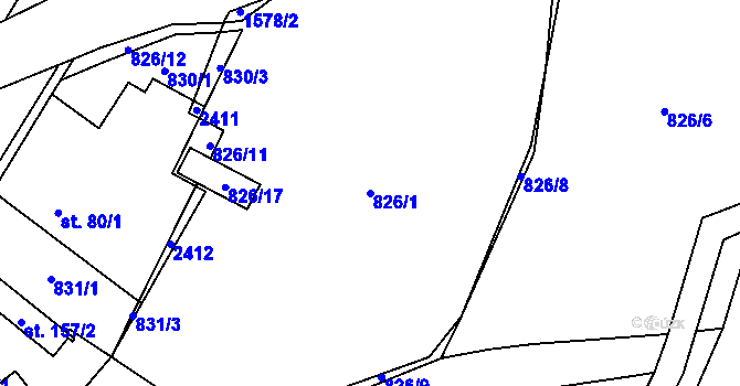 Parcela st. 826/1 v KÚ Hanušovice, Katastrální mapa