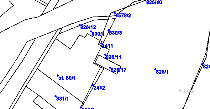 Parcela st. 826/11 v KÚ Hanušovice, Katastrální mapa