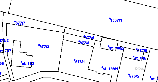 Parcela st. 877/5 v KÚ Hanušovice, Katastrální mapa