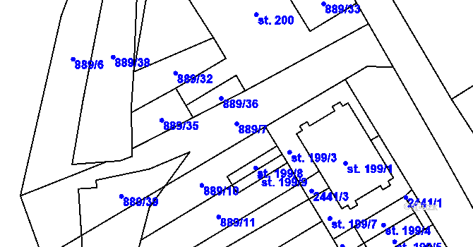 Parcela st. 889/7 v KÚ Hanušovice, Katastrální mapa