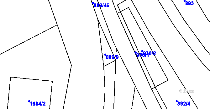 Parcela st. 889/9 v KÚ Hanušovice, Katastrální mapa
