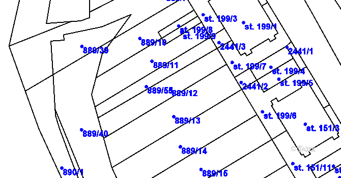 Parcela st. 889/12 v KÚ Hanušovice, Katastrální mapa