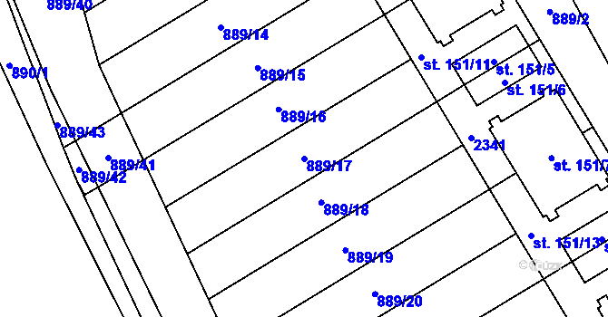 Parcela st. 889/17 v KÚ Hanušovice, Katastrální mapa