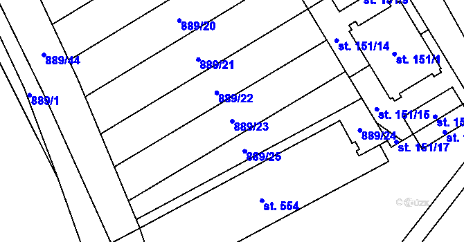 Parcela st. 889/23 v KÚ Hanušovice, Katastrální mapa