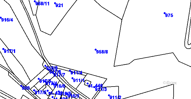 Parcela st. 958/8 v KÚ Hanušovice, Katastrální mapa