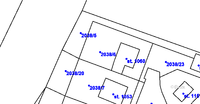 Parcela st. 2038/6 v KÚ Hanušovice, Katastrální mapa
