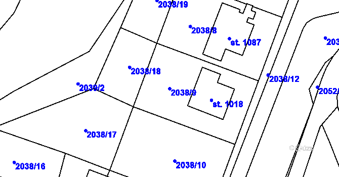Parcela st. 2038/9 v KÚ Hanušovice, Katastrální mapa