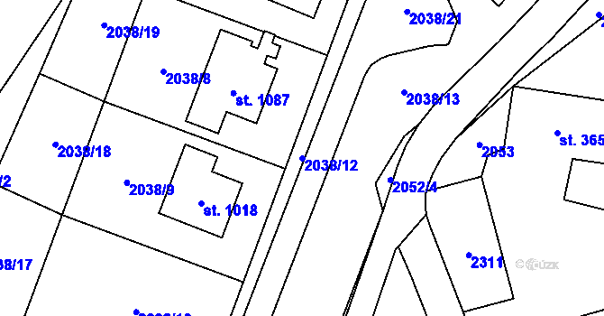 Parcela st. 2038/12 v KÚ Hanušovice, Katastrální mapa