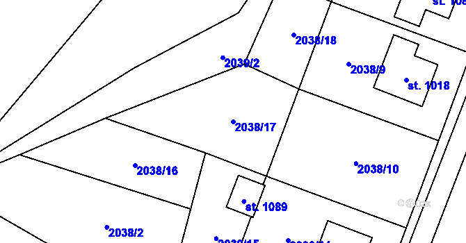Parcela st. 2038/17 v KÚ Hanušovice, Katastrální mapa