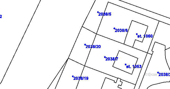 Parcela st. 2038/20 v KÚ Hanušovice, Katastrální mapa