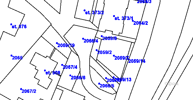 Parcela st. 2059/2 v KÚ Hanušovice, Katastrální mapa