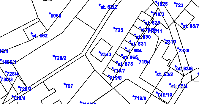 Parcela st. 2343 v KÚ Hanušovice, Katastrální mapa