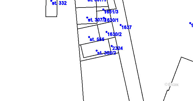 Parcela st. 308/2 v KÚ Hanušovice, Katastrální mapa