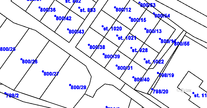 Parcela st. 800/39 v KÚ Hanušovice, Katastrální mapa